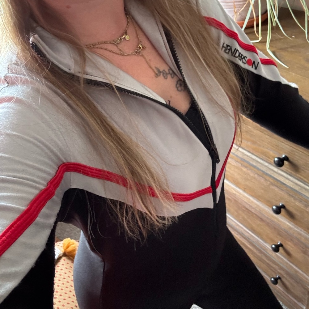 Vintage Black and Gray Full-Body Swimsuit with Red Accents
